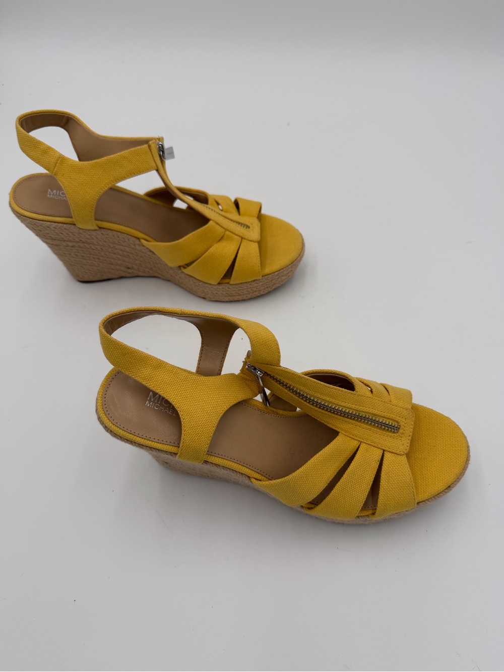 NEW Michael Kors Berkeley Mustard Yellow Espadrille Zip Up Wedge Sandals Sz 9 - Picture 2 of 6